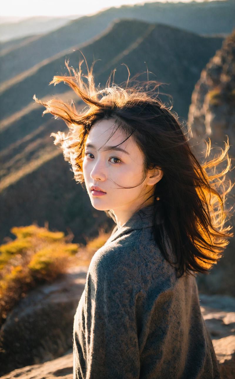 04786-376858085-mugglelight,a young woman with windswept hair,standing on a cliff at sunrise,backlit by the morning sun,dramatic shadows,serene.png